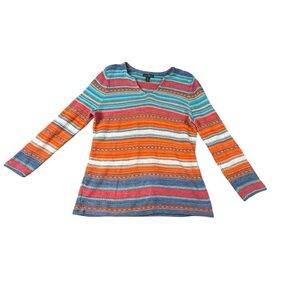 LRL Lauren Jeans Co Womens Medium Pink Orange Stripe LS Linen Blend Knit Sweater